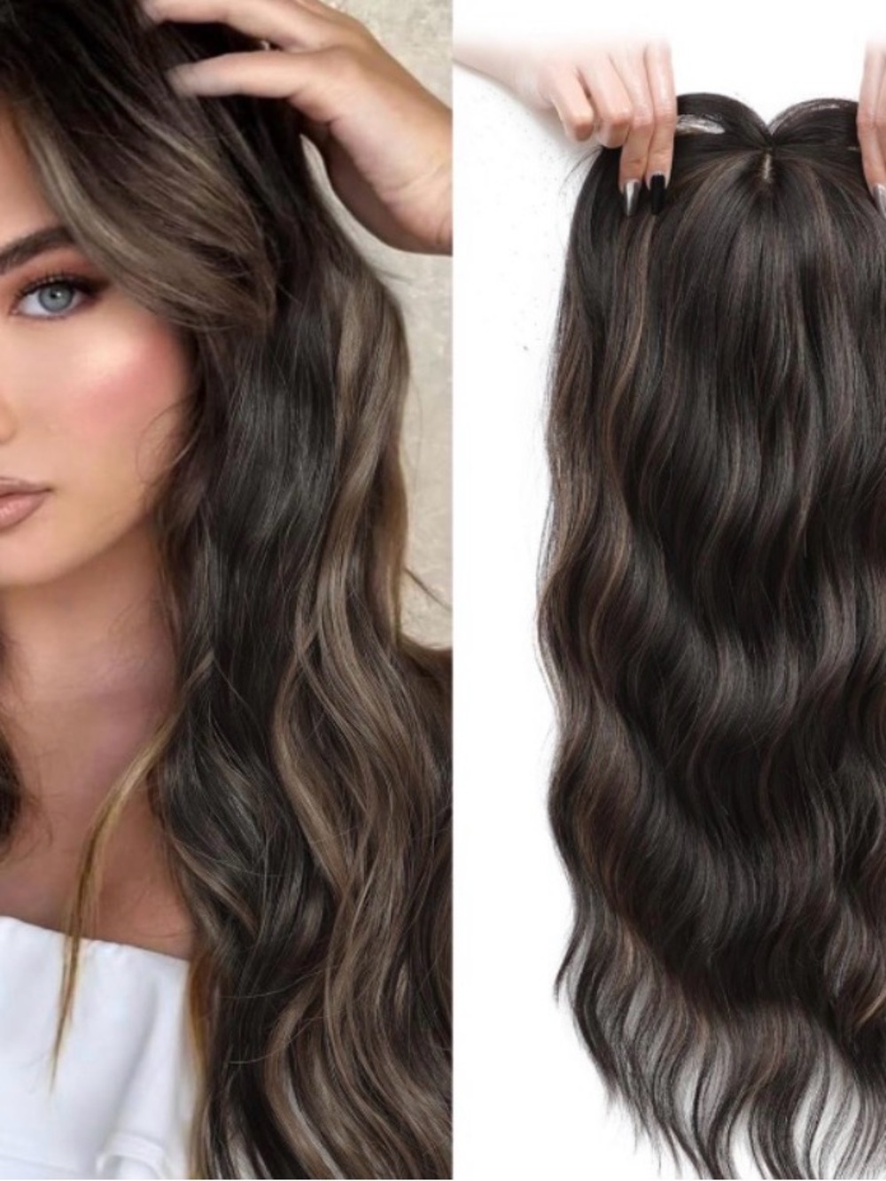 Dark Brown Wavy Clip-In Hairpiece with Subtle Ash Highlights